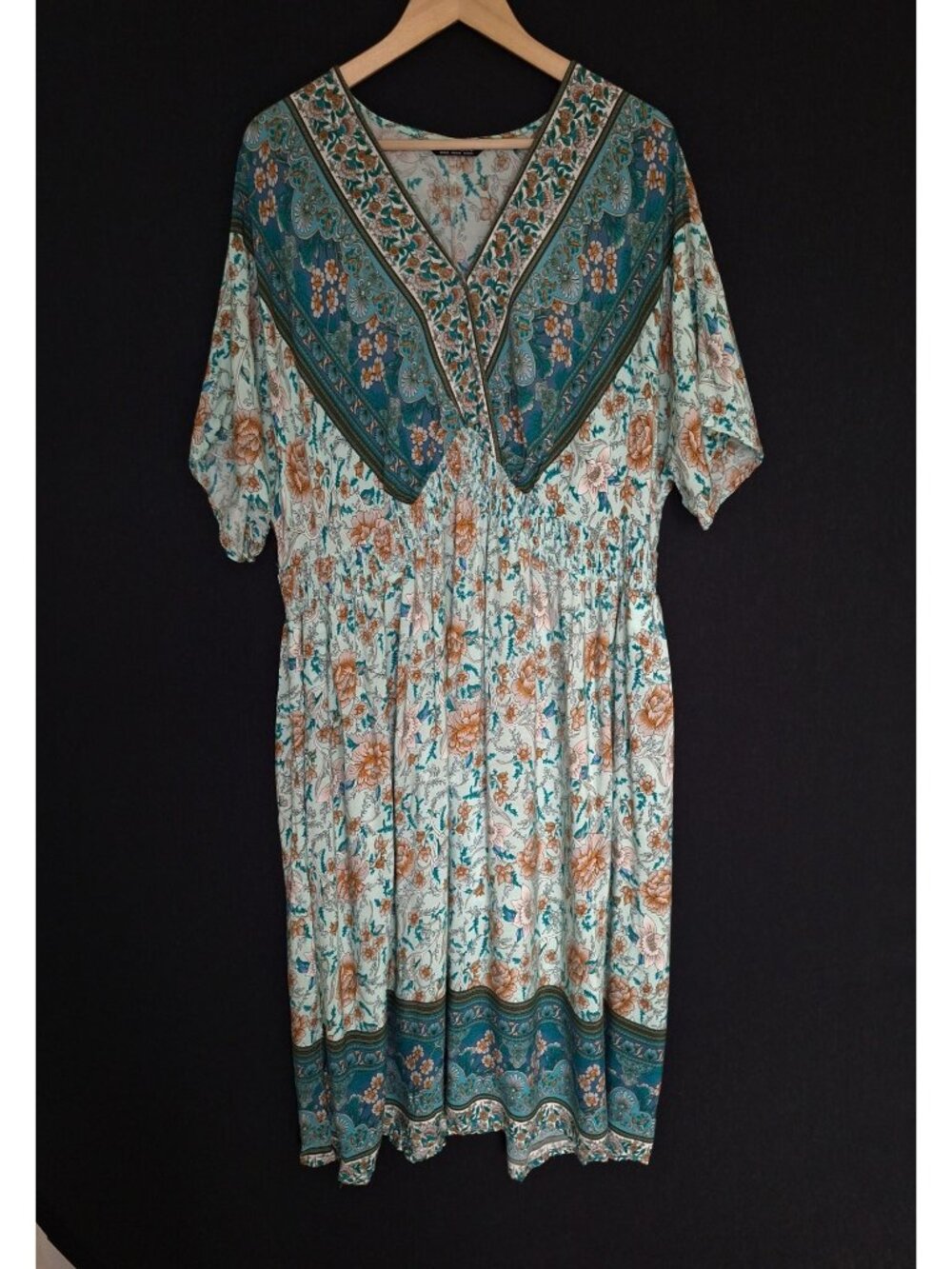 💙 BloomChic Plus Size Boho Floral Dress Size 22-24 Teal Pockets Peasant Midi Fe